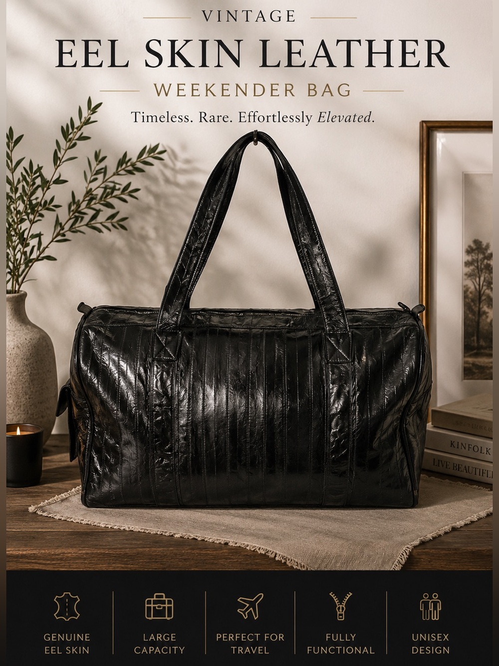 Vintage Genuine Black Eel Skin Leather Large Weekender Duffle Overnight bag